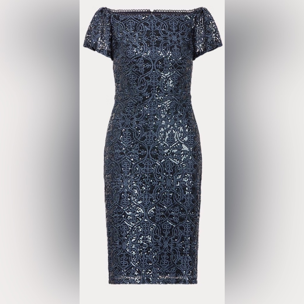 Lauren Ralph Lauren Sequined‎ Lace Off-the-Shoulder Dress Sz 6 Navy Blue Flutter